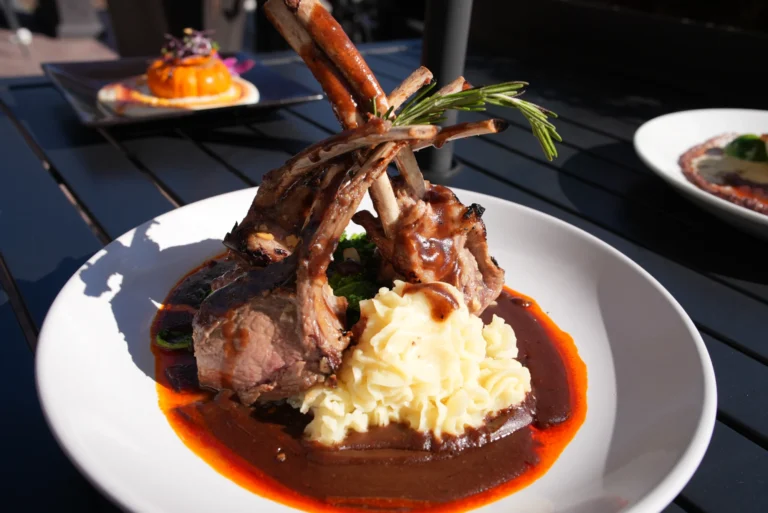 Rack of lamb with whipped potatoes and demi-glace at Mezza Luna Bistro, Allendale NJ