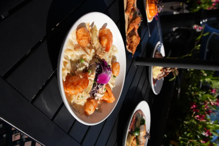 Seafood pasta on the outdoor patio at Mezza Luna Bistro in Allendale